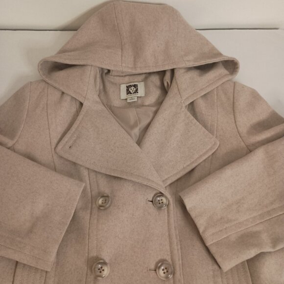 Anne Klein Classic Tan Wool Blend Double Breasted Hooded Coat Women’s L Large - Picture 5 of 16